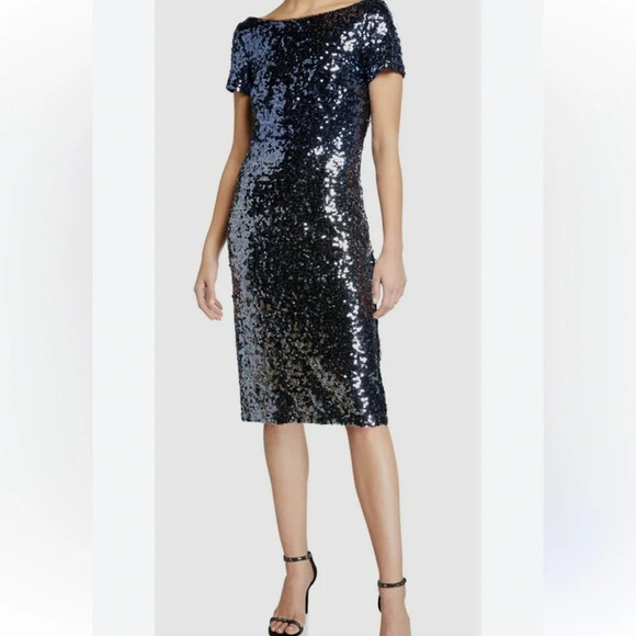Classic Beautiful Marina Blue Ombre Sequins Midi Dress - Size 10P - Picture 1 of 13